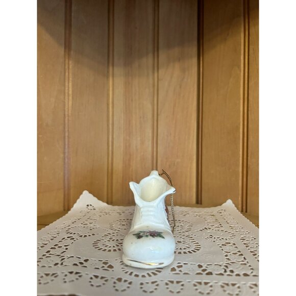 Vintage Porcelain Christmas Boot Ornament Poinsettia Holly Shoe - Picture 2 of 5